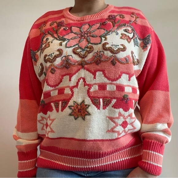 Vintage I.B. Diffusion Granny Beaded Floral Striped Knit Sweater - Picture 2 of 6